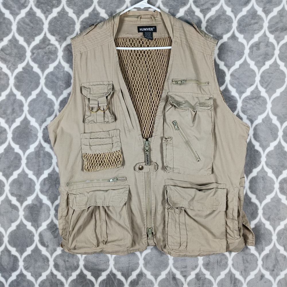 Humvee Vest Mens XL Beige  Safari Fishing Tactical Multi Pocket Outdoor
